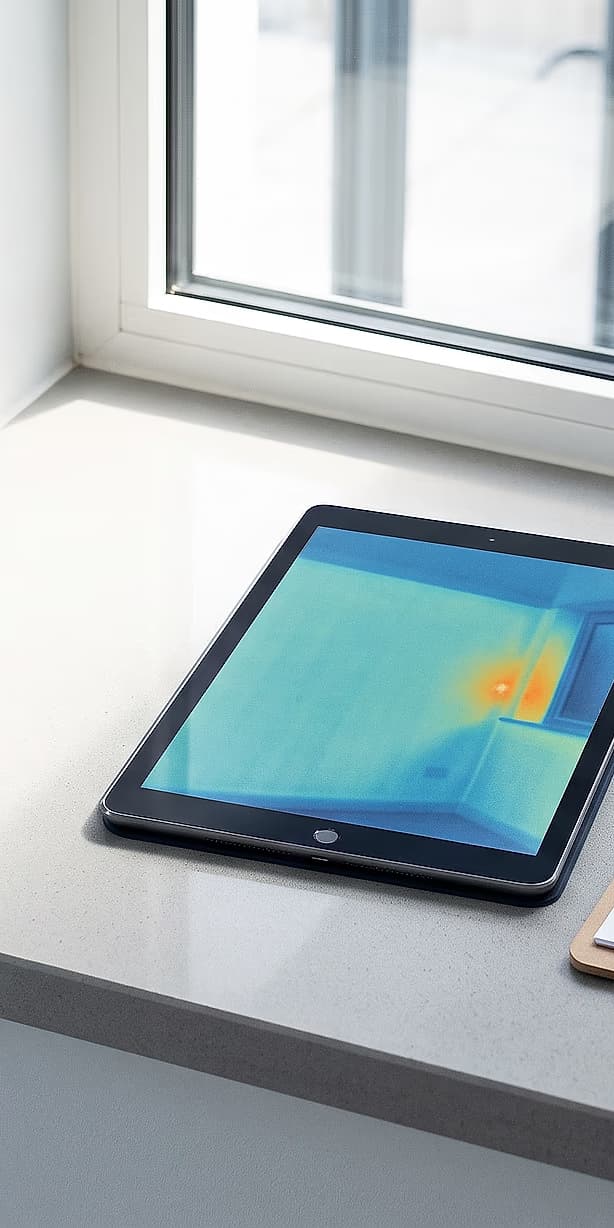 A tablet held to a window showing a thermal image of the heat escaping around the frame