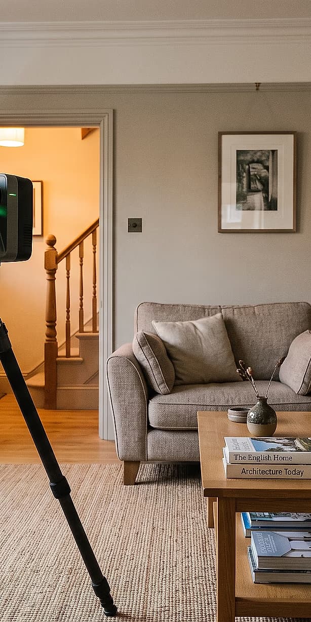 A laser scanner on a tripod recording the geometry of an occupied living room