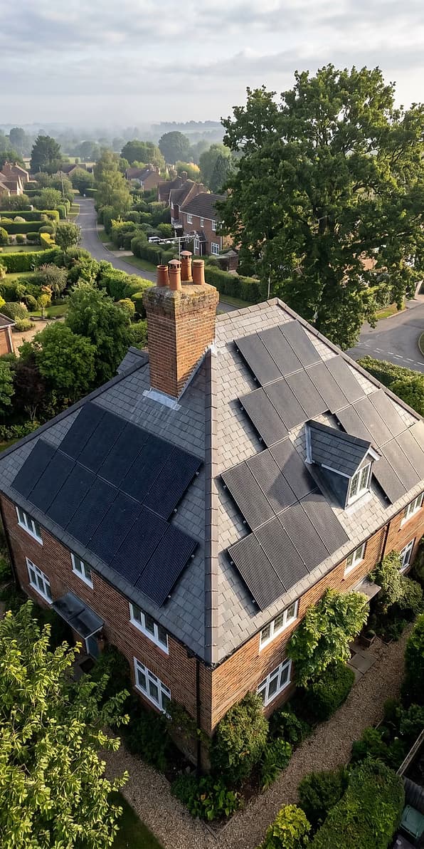 An aerial view of a tiled roof with a solar array, photographed from drone height