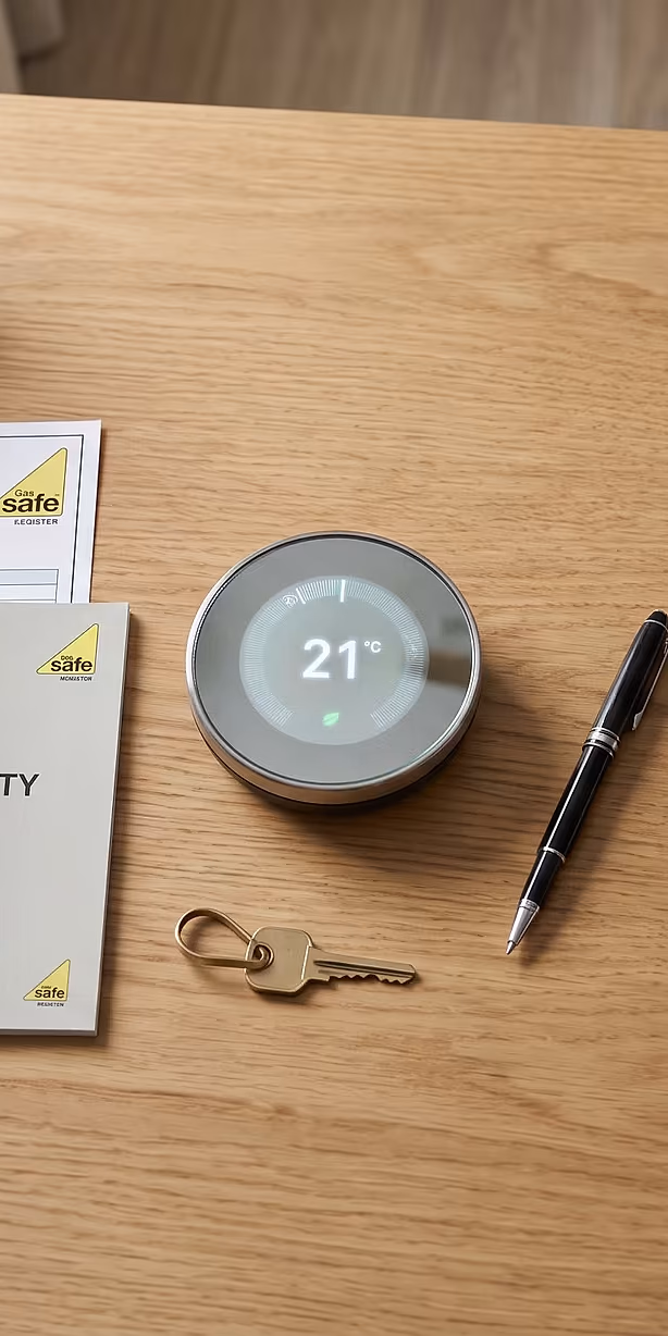 A completed handover pack on a table: certification documents, warranty paperwork and a smart heating control