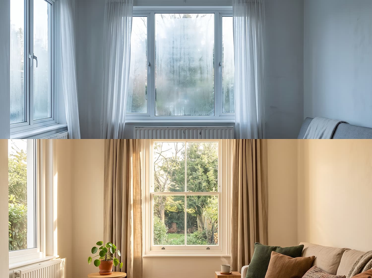The same living room before and after a fabric-first upgrade: condensation on the glass and a radiator working hard, then a warm, dry room that holds its heat