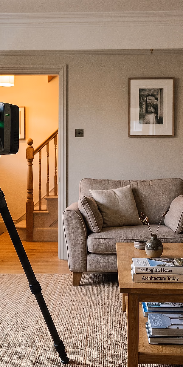 A laser scanner on a tripod recording the geometry of an occupied living room