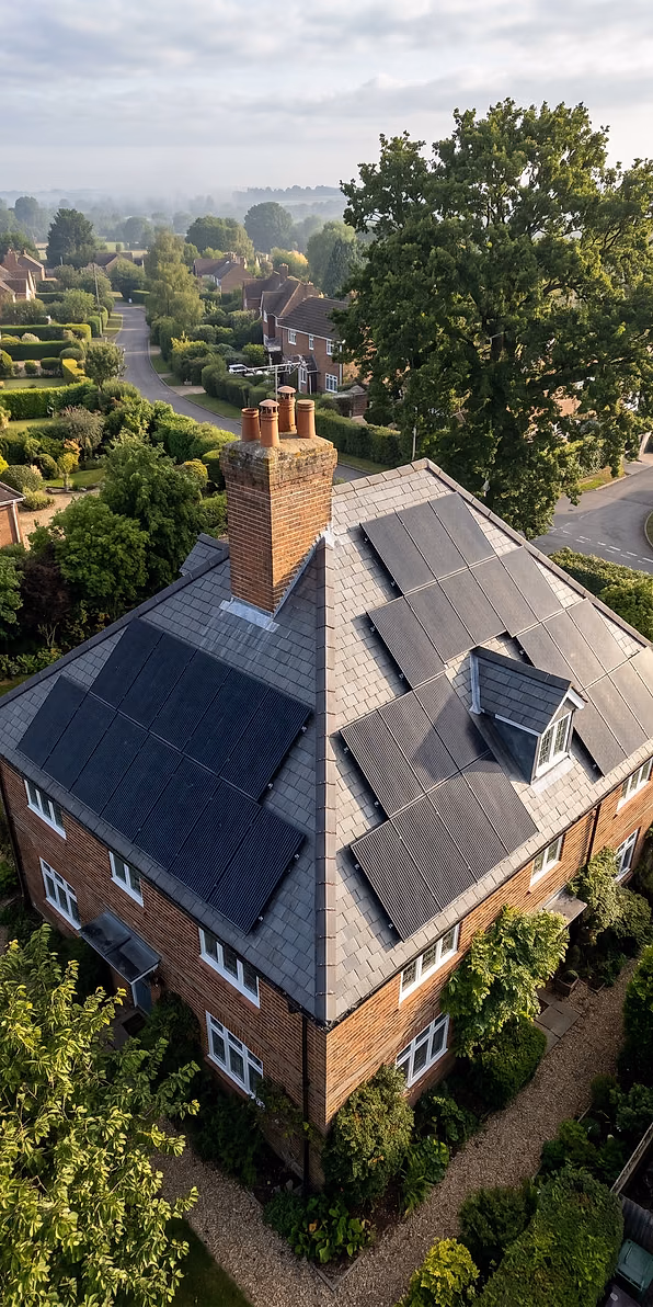 An aerial view of a tiled roof with a solar array, photographed from drone height