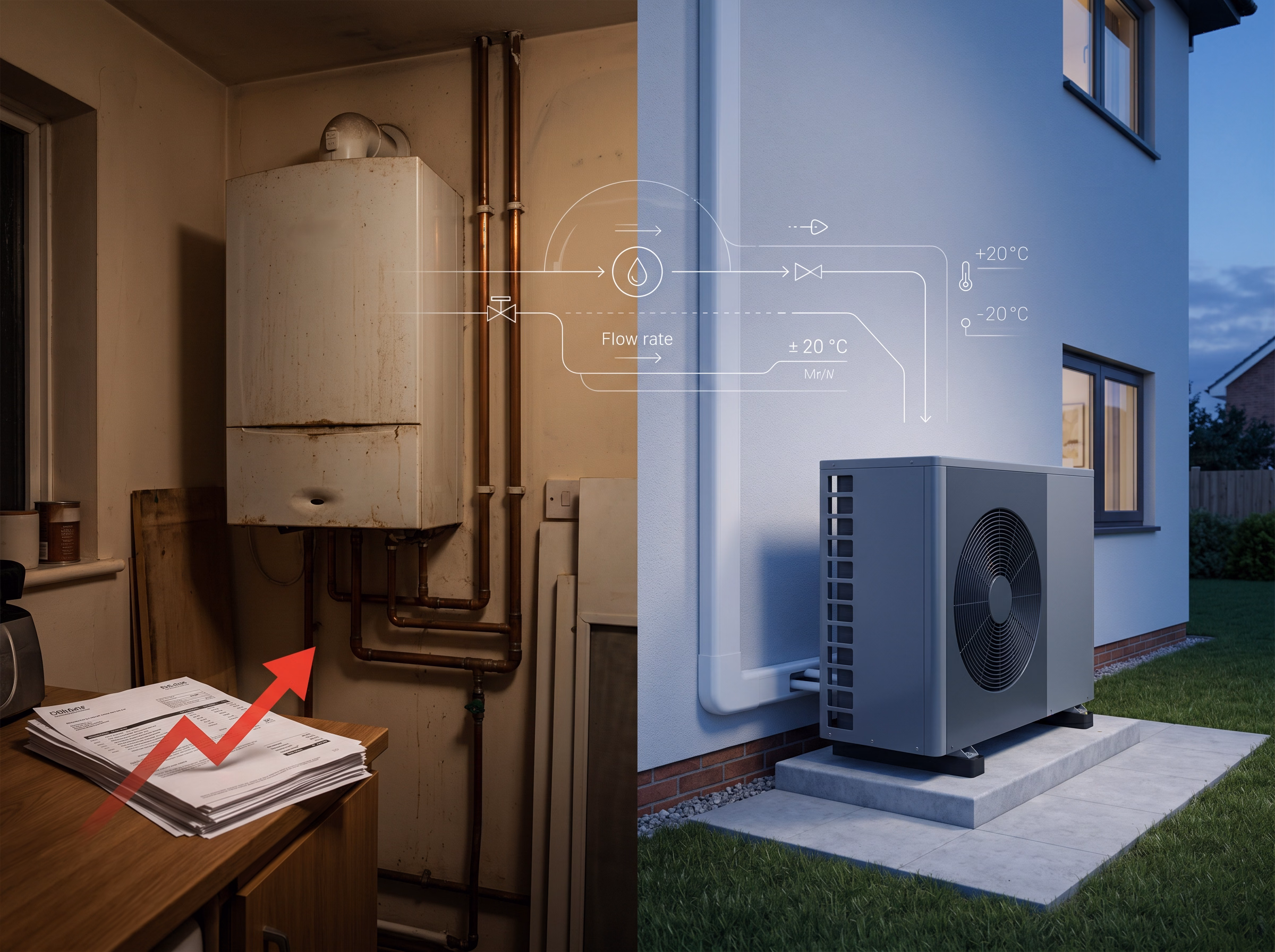 Side-by-side: an ageing gas boiler with rising bills, and a modern air source heat pump beside a home