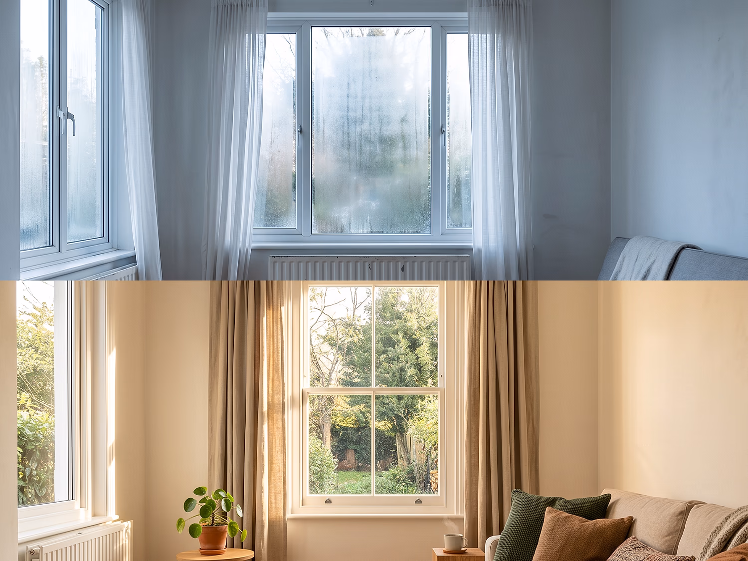 The same living room before and after a fabric-first upgrade: condensation on the glass and a radiator working hard, then a warm, dry room that holds its heat