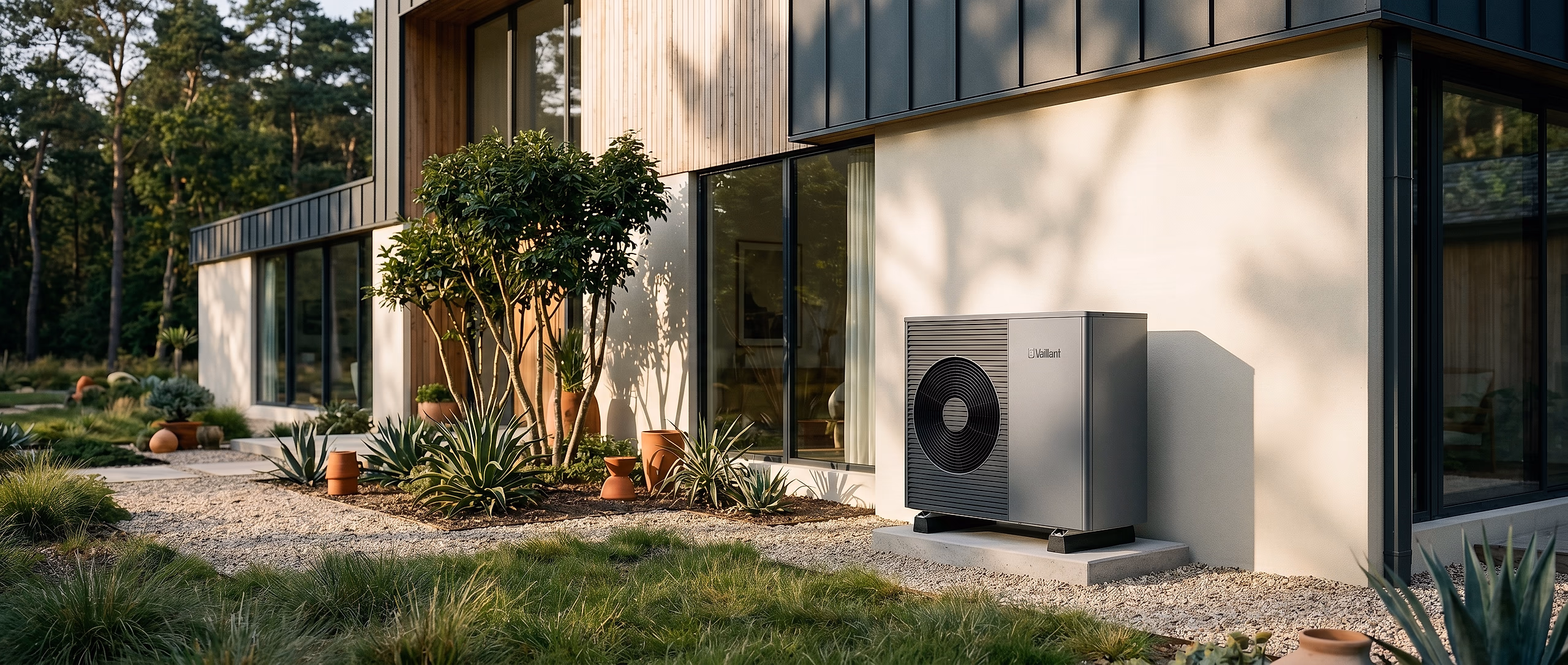 An air source heat pump beside a UK home