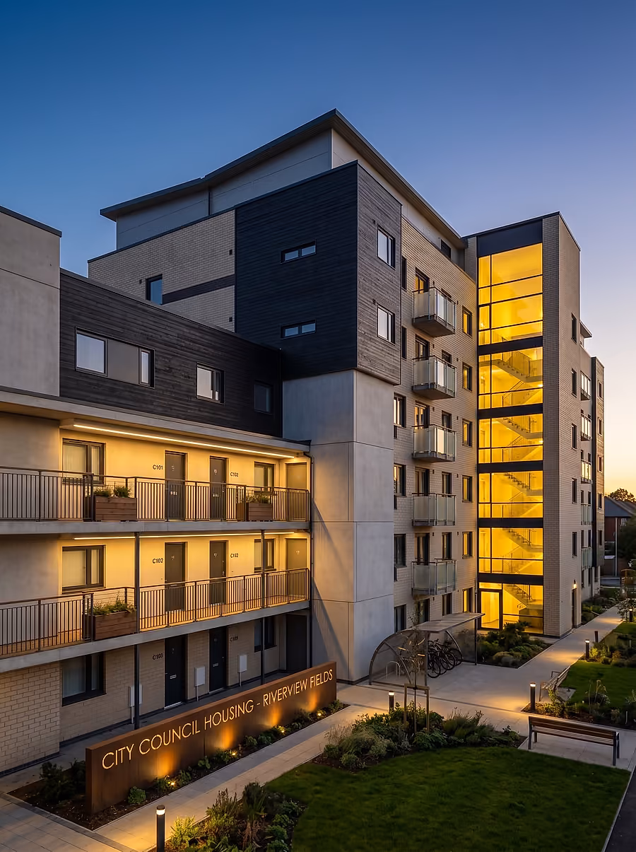 Council housing apartment block at dusk
