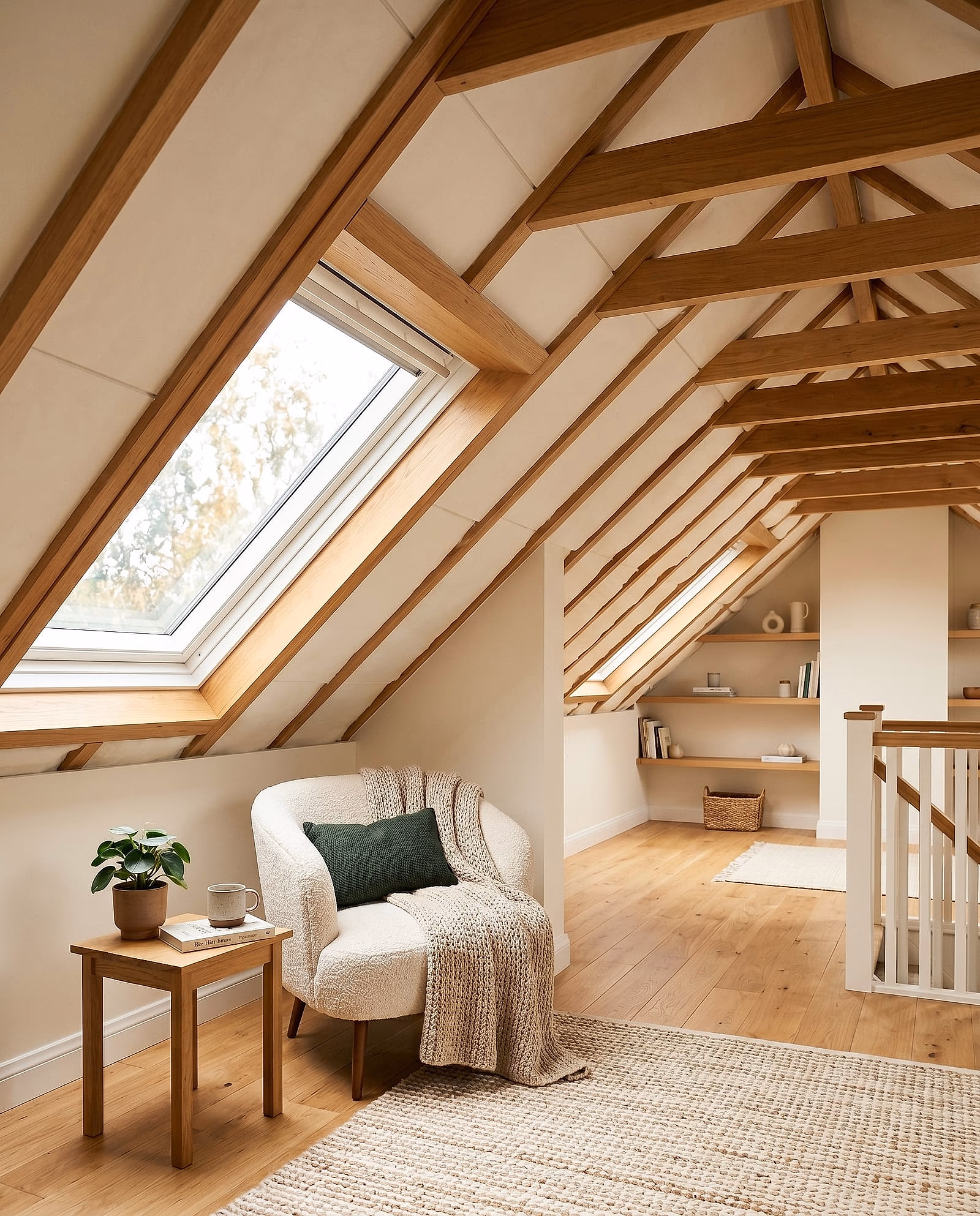 Bright converted loft room with exposed timber rafters, insulation behind the finished walls and a reading chair under the skylight
