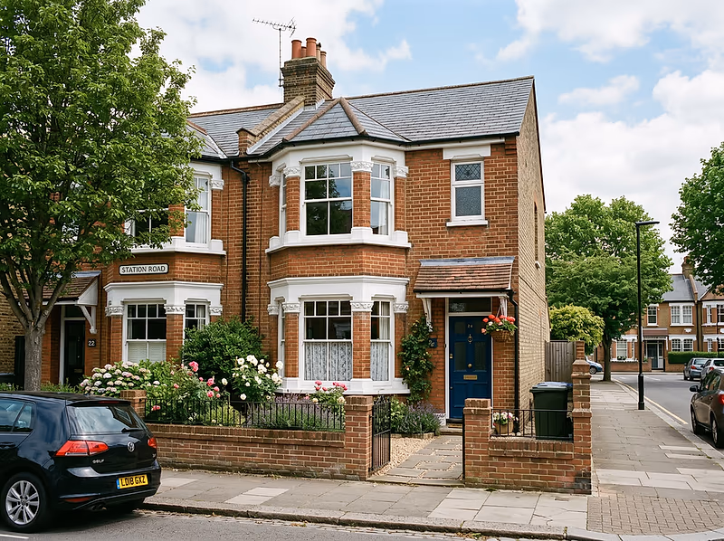 A red-brick British home on a leafy street