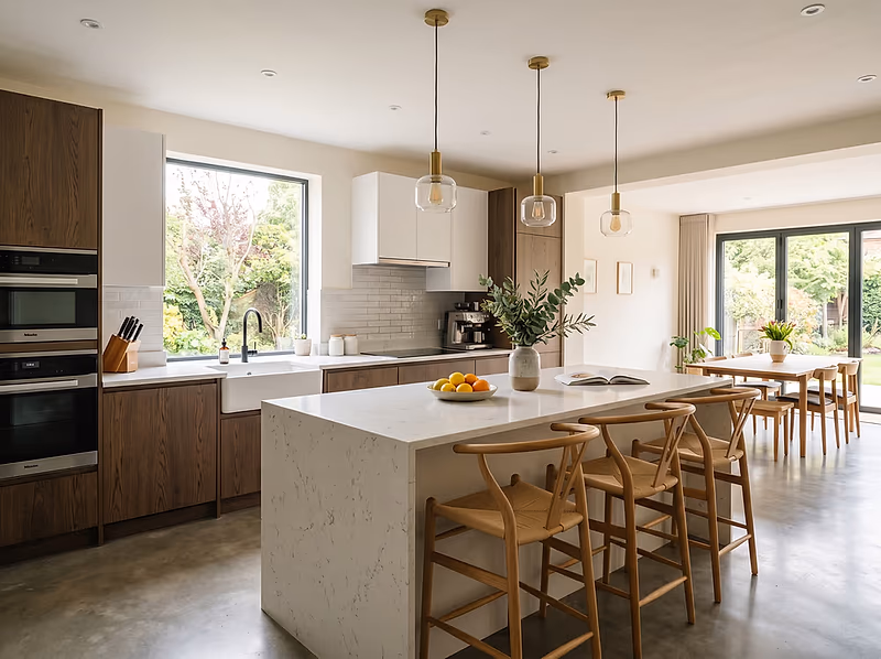 A bright contemporary kitchen with an island