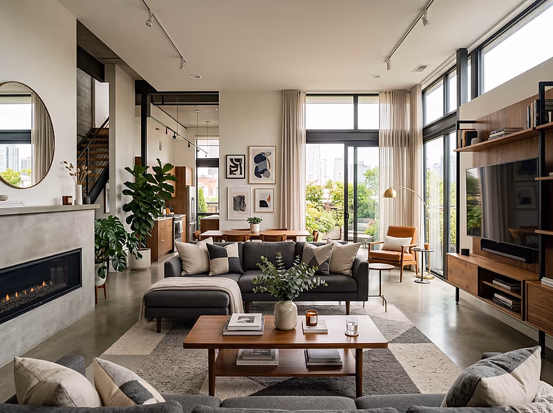 A warm, modern open-plan living room