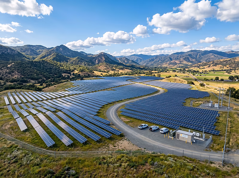 A hillside solar farm under a bright sky