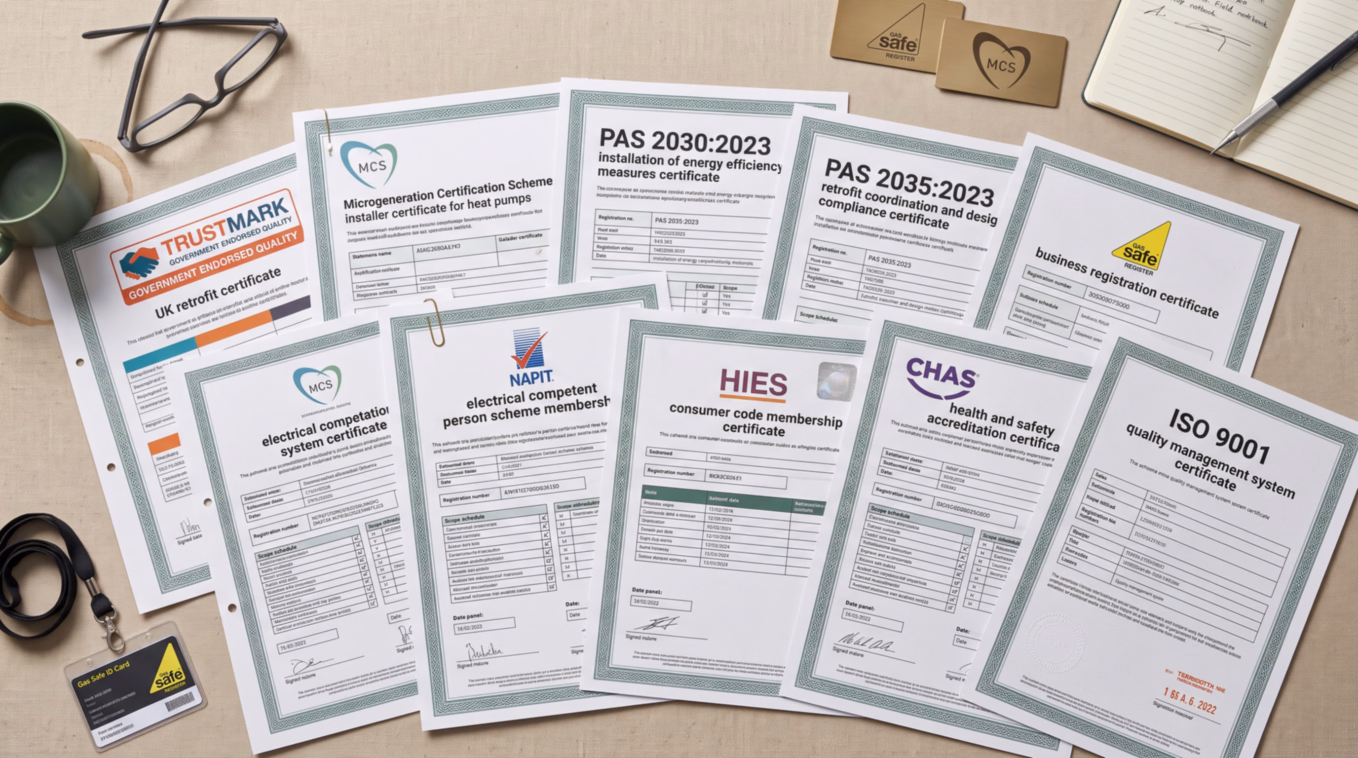 Smart Energie’s certificates laid out on a desk, including TrustMark, MCS, PAS 2030, PAS 2035, NAPIT, HIES, CHAS and ISO 9001