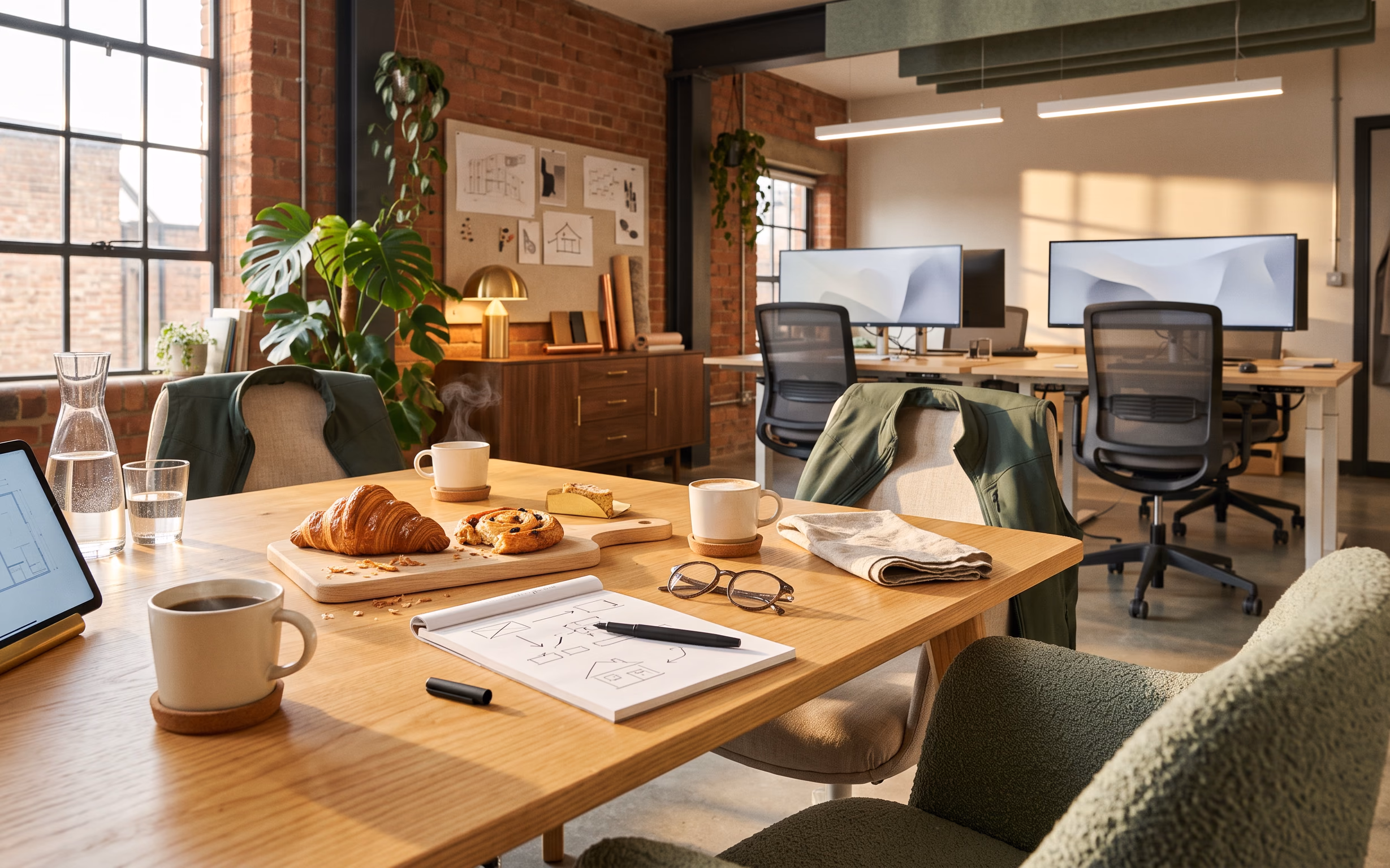 Coffee, pastries and a sketched house plan on a studio table, set for a conversation