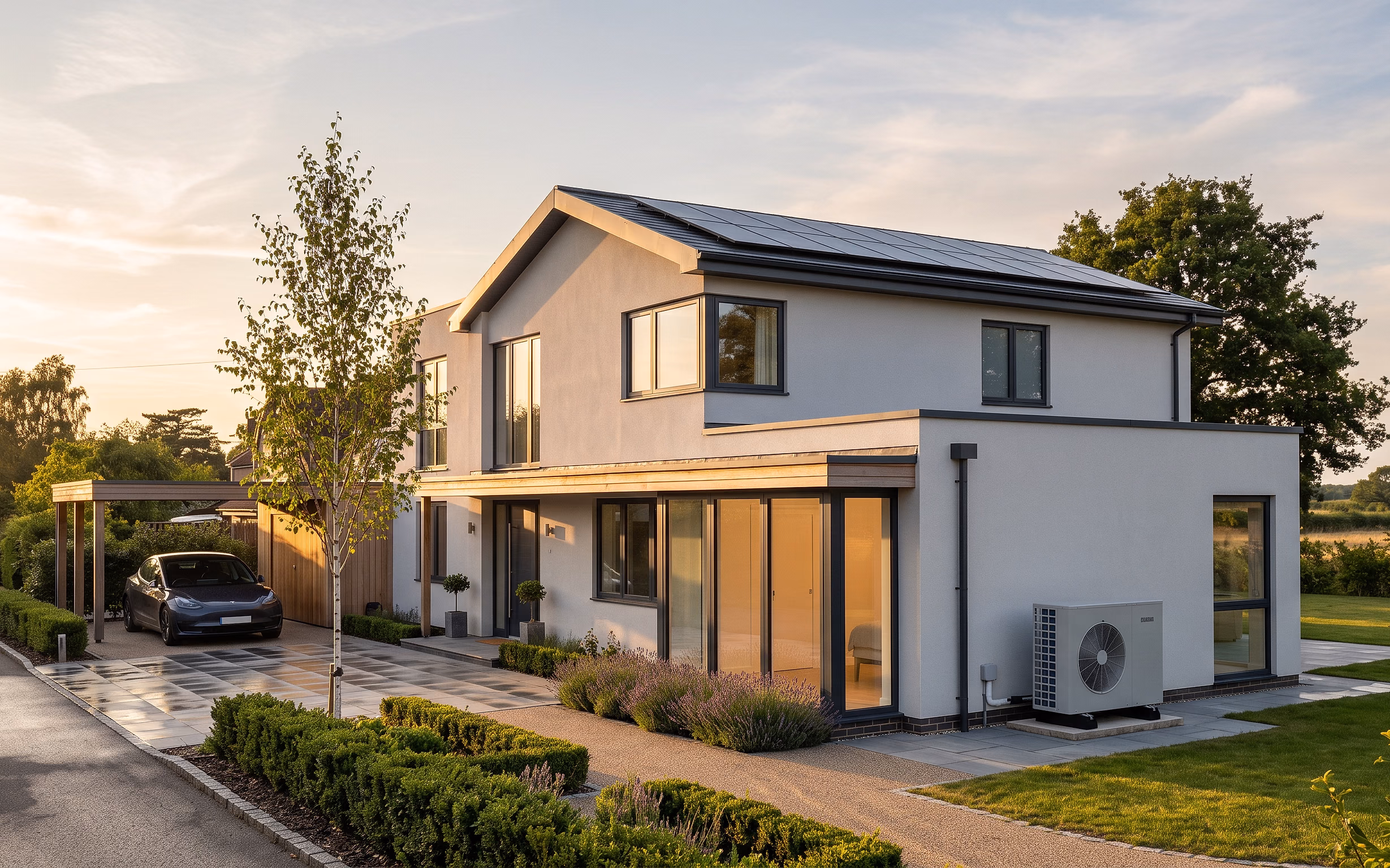 Sun-warmed UK family home at dawn: light cream stone, slate roof, garden wrapping the south side