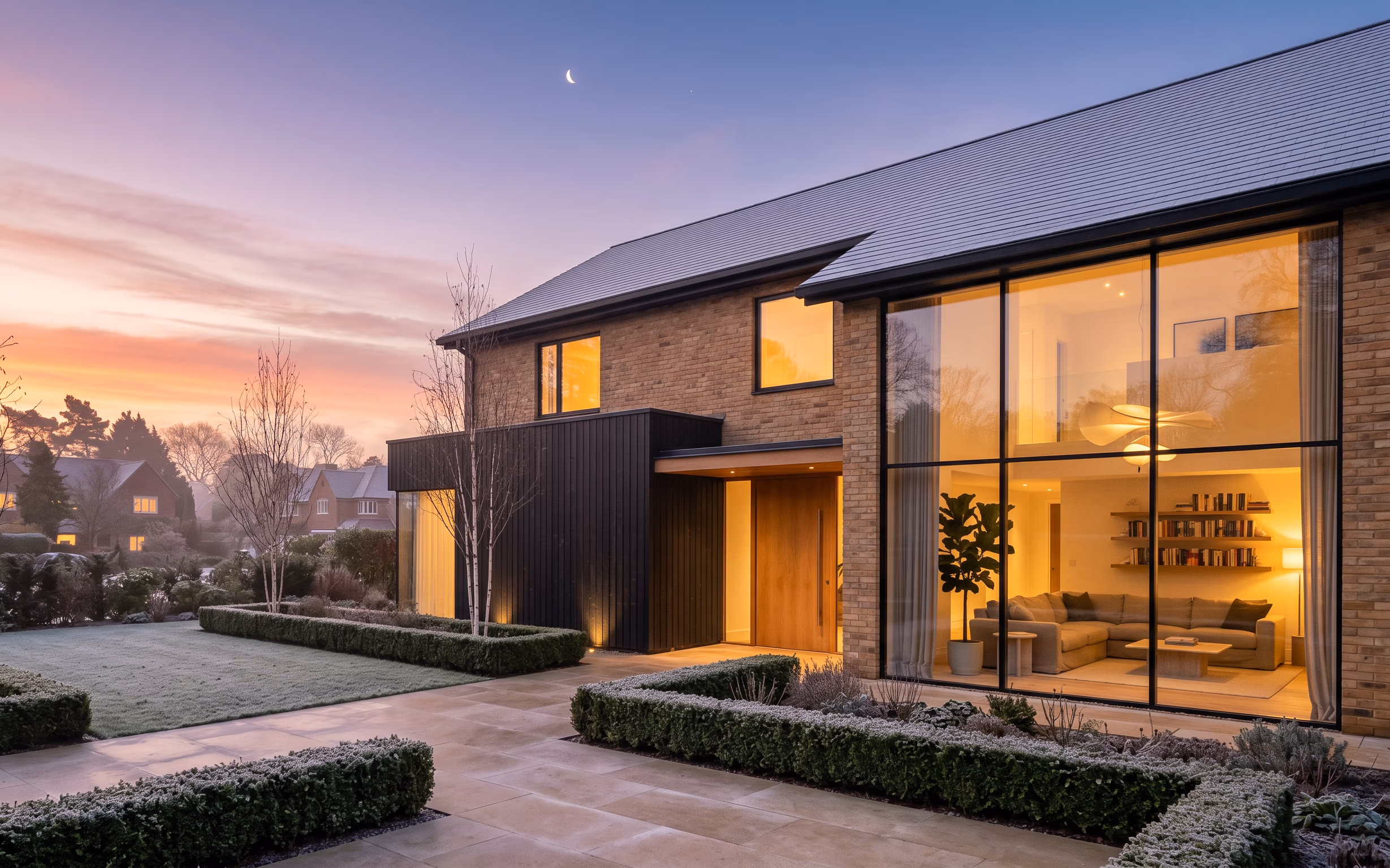 A contemporary British home at dusk on a frosty evening, warm light held inside behind full-height glazing