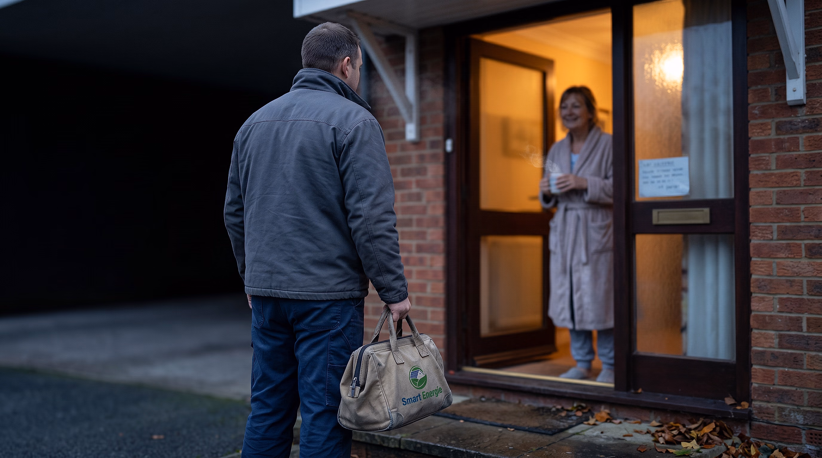 A Smart Energie engineer arriving at a customer’s front door at dusk, greeted on the step