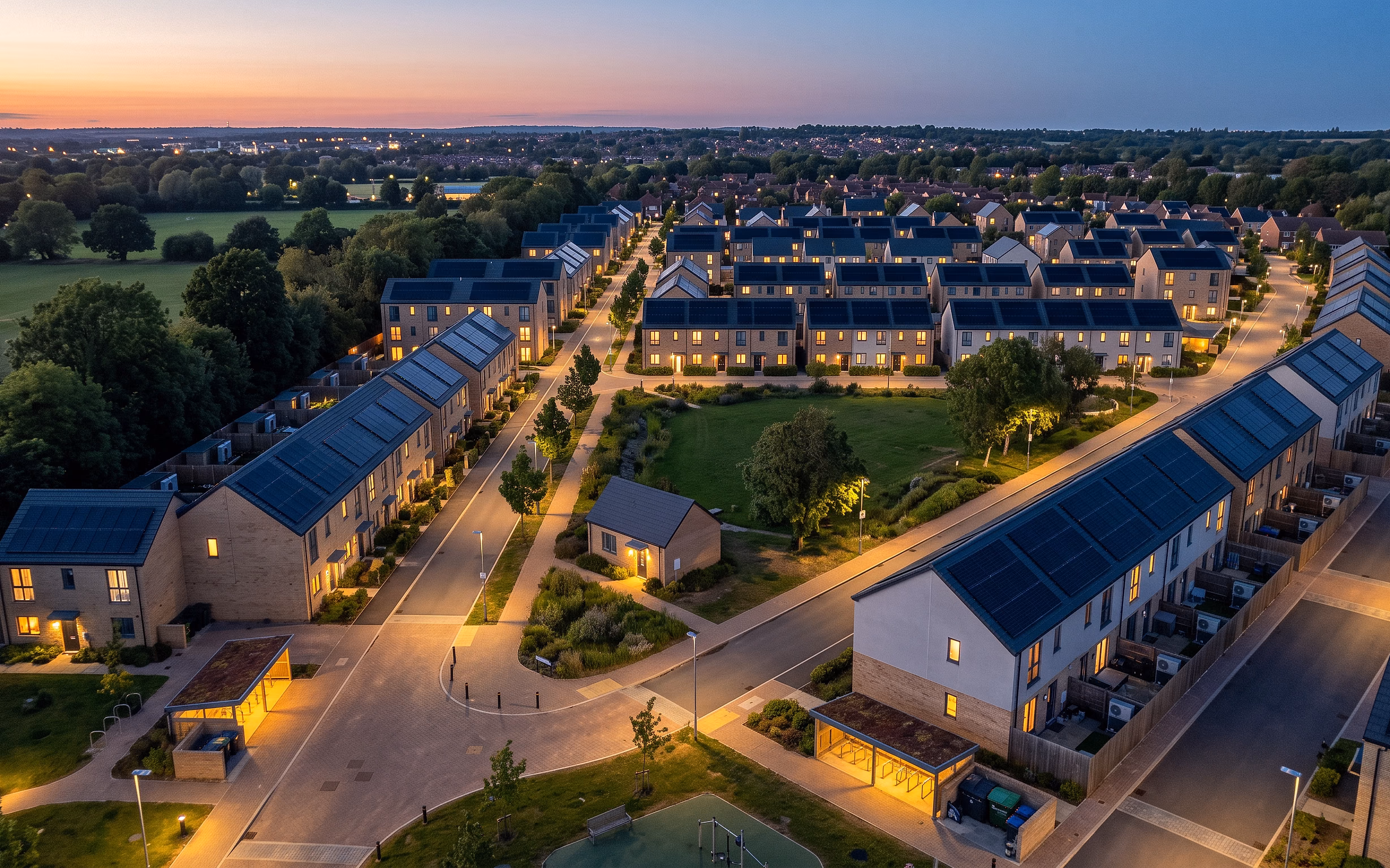 An aerial view at dusk of a modern housing development, solar panels across the roofs and lights on in the homes