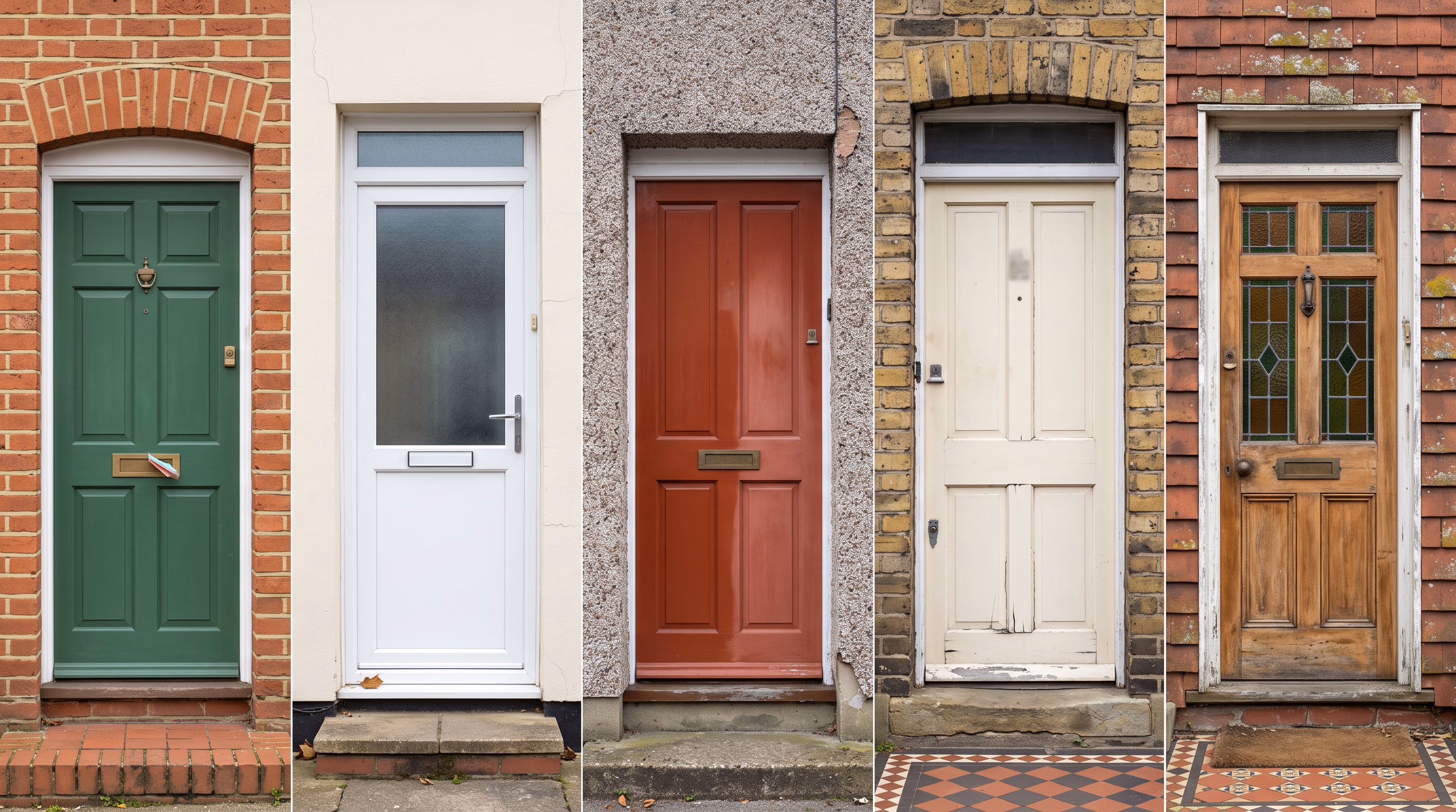 Five British front doors side by side, one for each home we have worked on