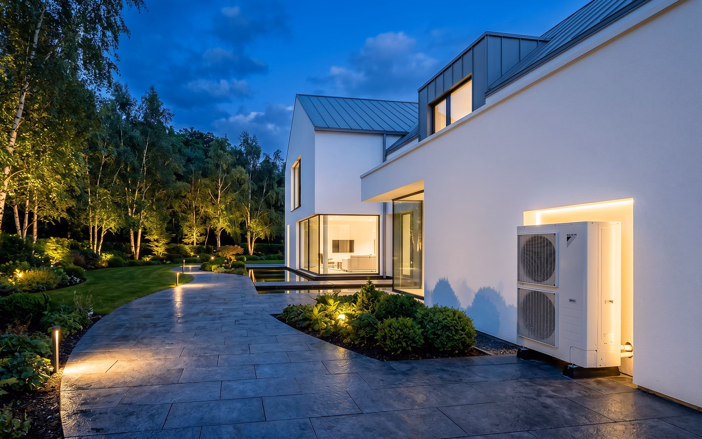 An air source heat pump installed beside a modern home