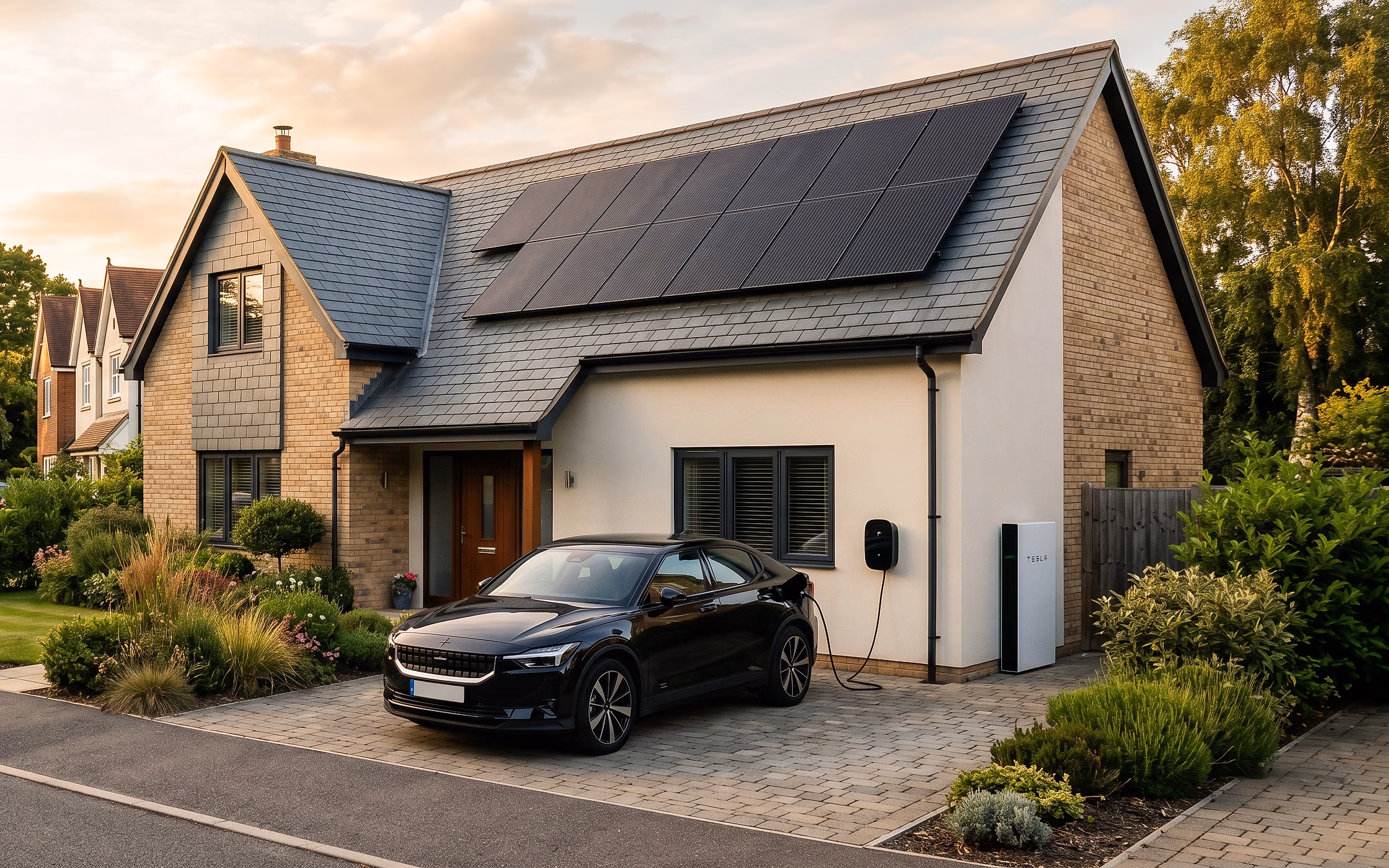 A modern home at dusk with rooftop solar panels and an electric car charging on the driveway