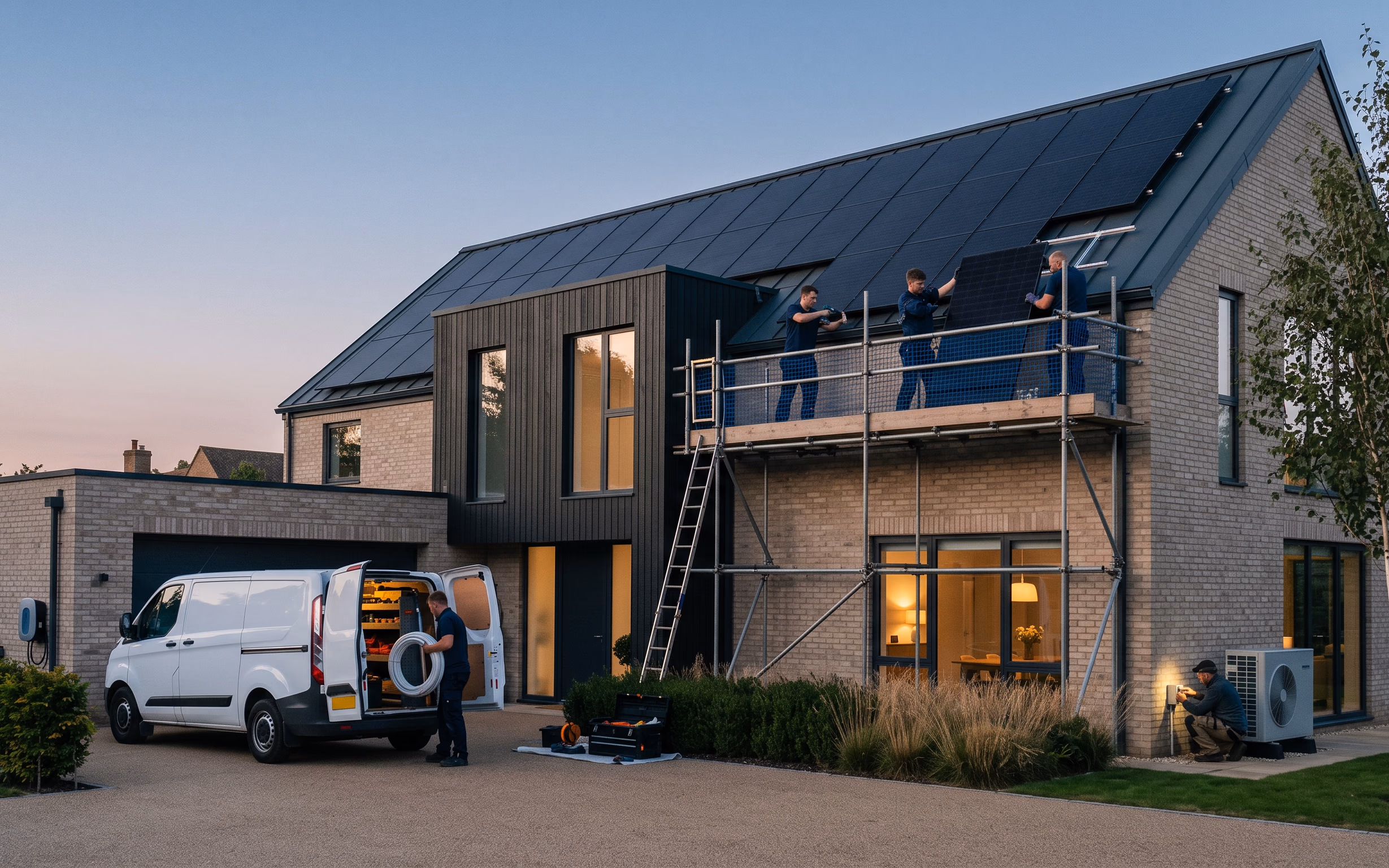 A Smart Energie crew at dusk: three installers lifting a solar panel onto a scaffold, an engineer unloading the van, and another commissioning the heat pump at the wall
