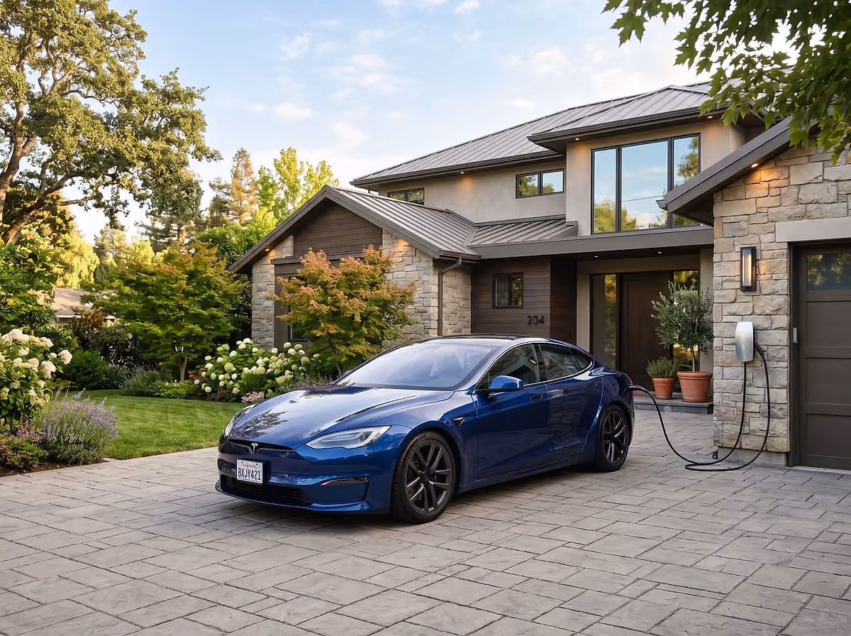 Electric car charging on a home driveway