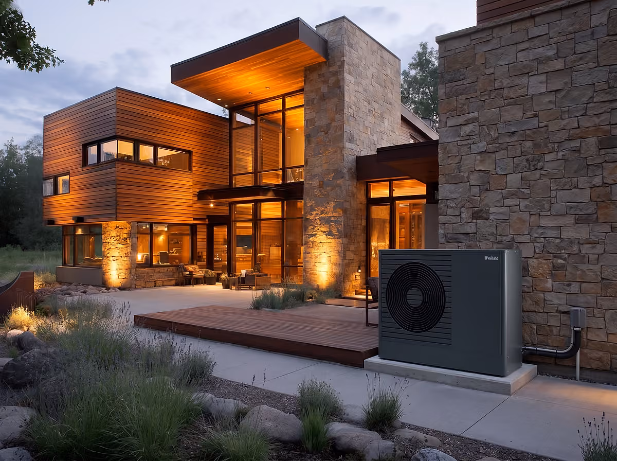 Air source heat pump outside a modern home