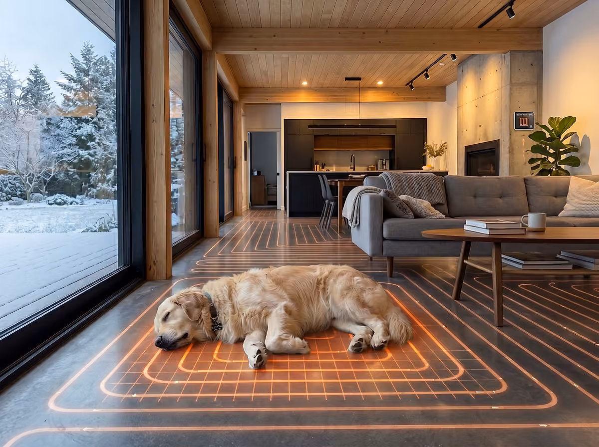 Dog asleep on a warm underfloor-heated room